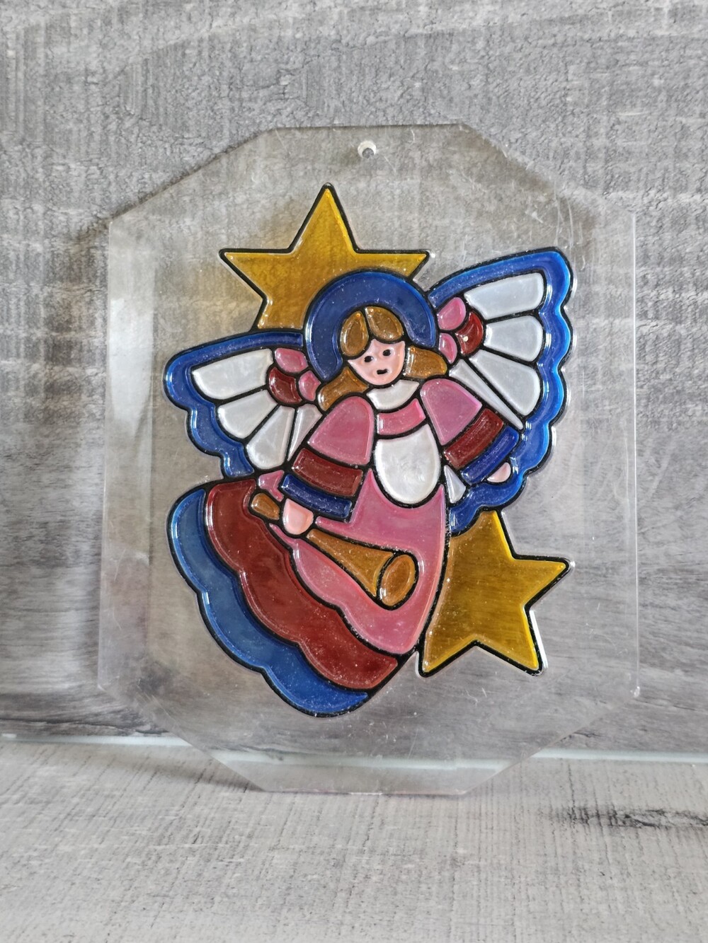 Multicolor Window Pane 6X7" Angel with Stars Ornament G3a